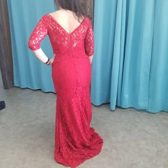 NEW Red Long Lace Dress, 3/4 Sleeve Holiday Formal Sexy, Cruise Prom Mother's - Picture 6 of 10